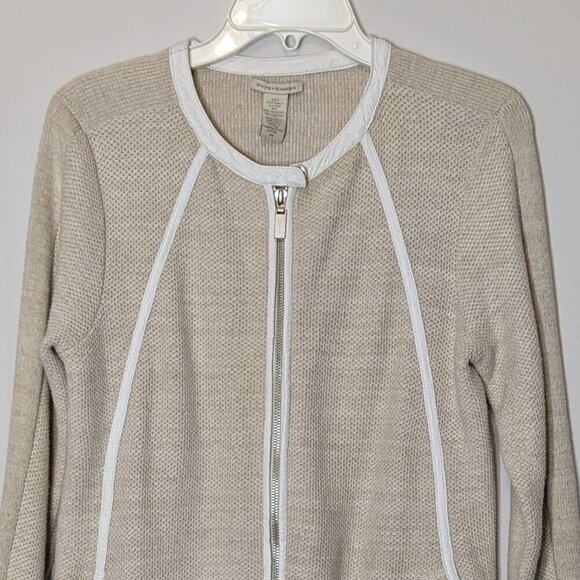 WHITE + WARREN Beige Thermal Weave Full Zip Jacket; Faux Leather Trim; Size M - Picture 1 of 6